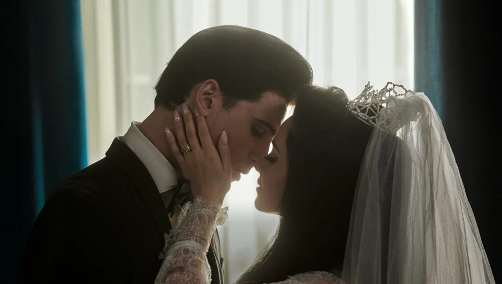Priscilla movie image: Jacob Elordi and Cailee Spaeny as Elvis and Priscilla Presley on their wedding day.