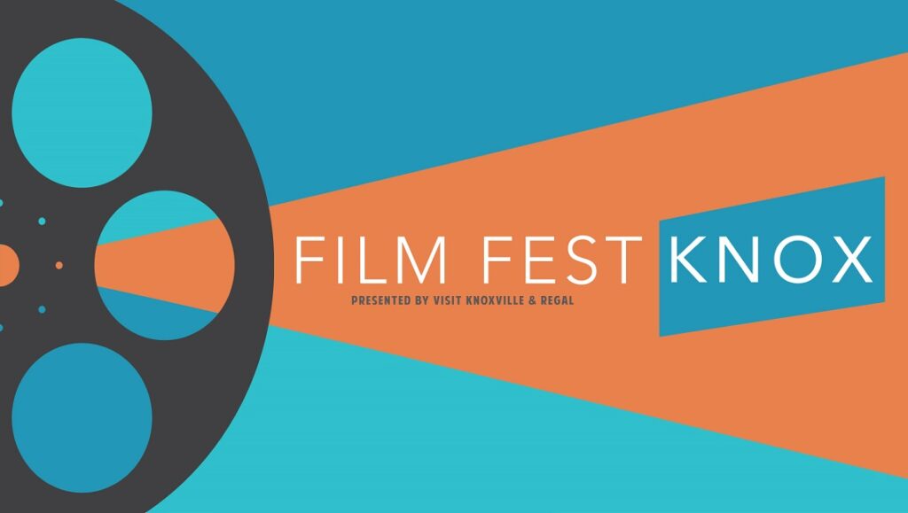Film Fest Knox 2023 graphic. Knoxville film festival with movie reel and orange and blue design.