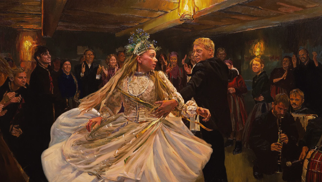 The Peasants — DK Welchman & Hugh Welchman The Peasants movie still: Bride and groom dancing at a crowded wedding celebration. Folk art scene.