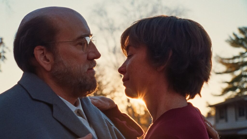 Dream Scenario — Kristoffer Borgli Dream Scenario film still: Nicolas Cage embraces a woman. Kristoffer Borgli directs this dark comedy.