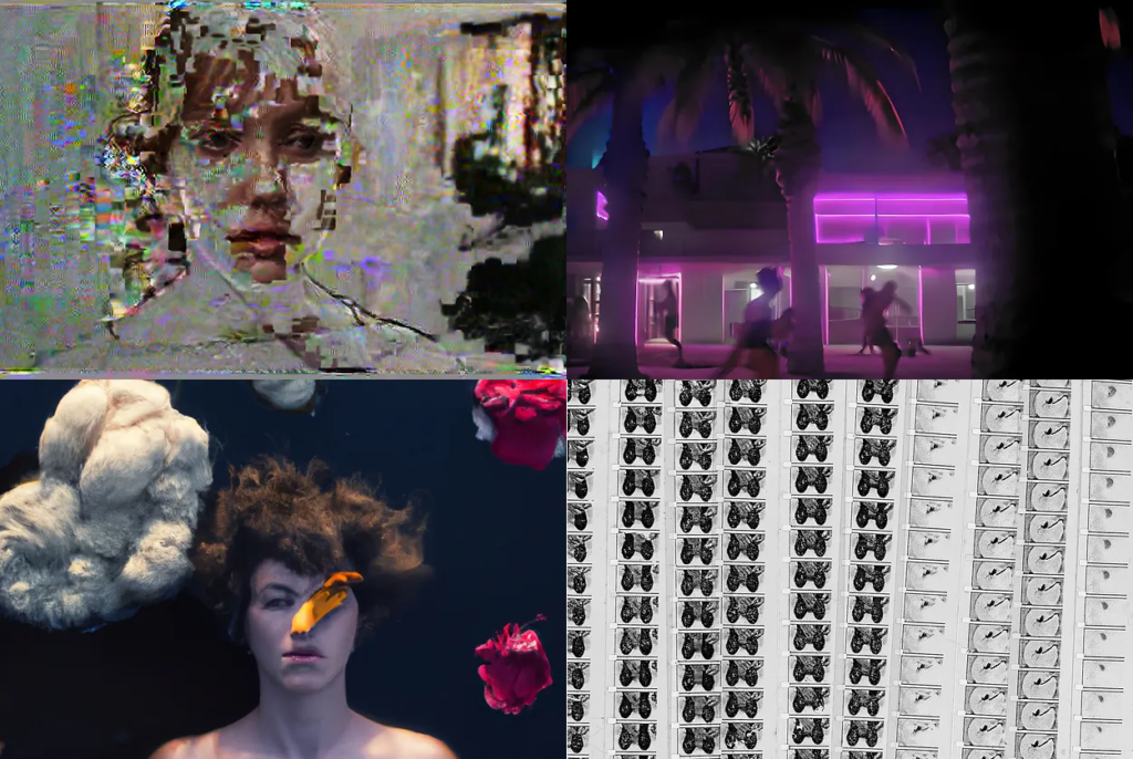 Light Matter Film Festival 2023 Program 4 image: Four video stills collage. Experimental film, glitch art, underwater portrait, animation.