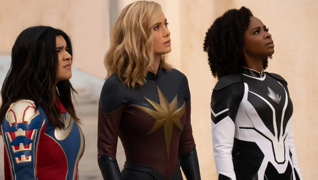 The Marvels: Brie Larson as Captain Marvel with Iman Vellani as Ms. Marvel and Teyonah Parris as Monica Rambeau.
