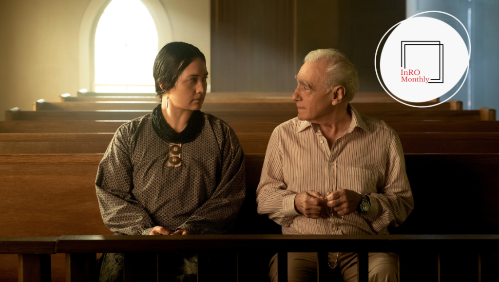 Lily Gladstone and Martin Scorsese in Killers of the Flower Moon movie scene. Drama film.