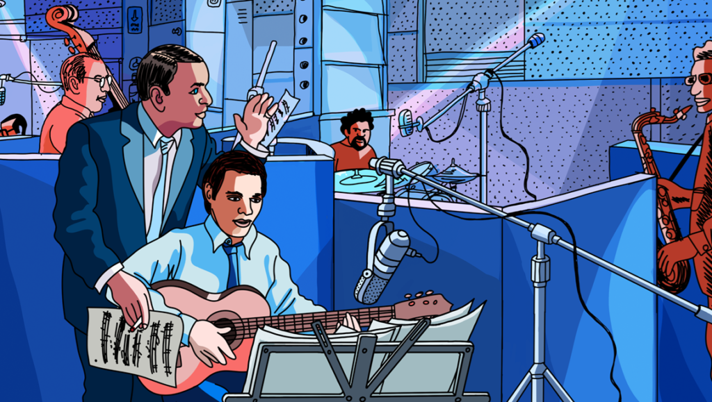 They Shot the Piano Player — Fernando Trueba & Javier Mariscal They Shot the Piano Player illustration. Jazz musicians recording in a studio with guitar, saxophone, drums, and bass.