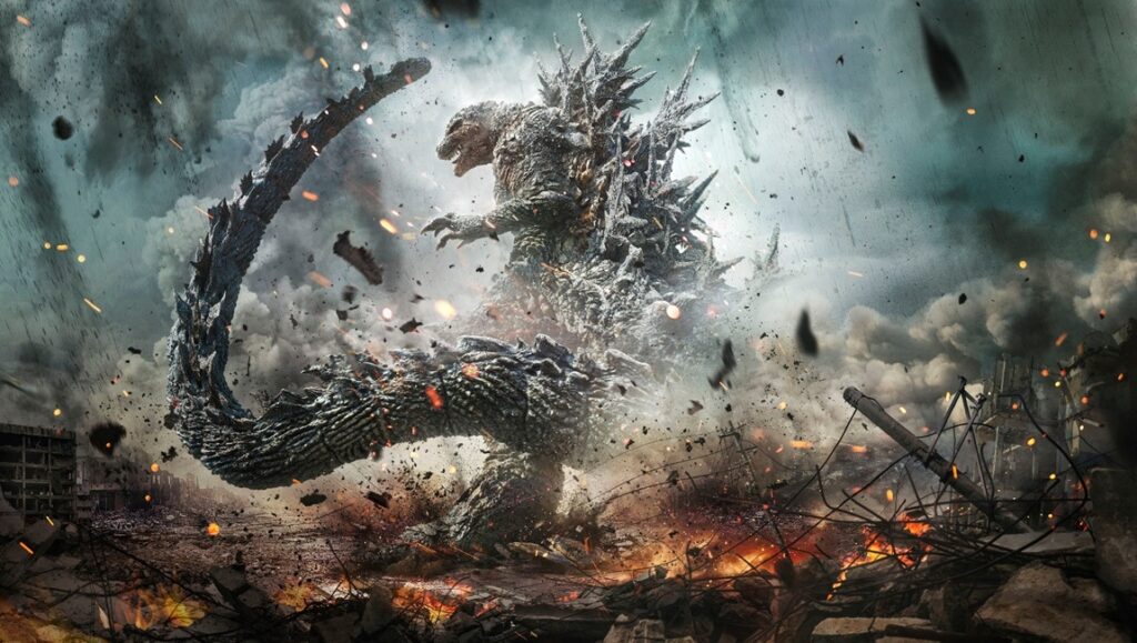 Godzilla Minus One — Takashi Yamazaki Godzilla Minus One: Godzilla stands amidst destruction. Fiery rubble and smoke fill the scene.