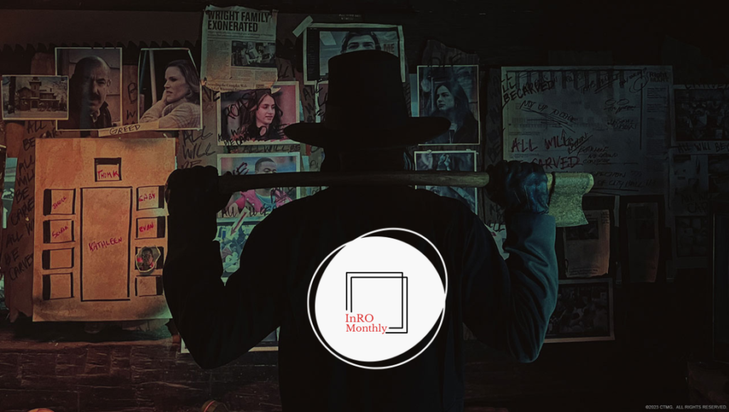 InRO Monthly November 2023 cover: Hatchet man with axe in front of a wall covered in photos and notes.