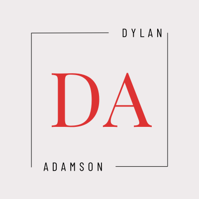 Dylan Adamson logo. Red DA monogram inside a black square frame.
