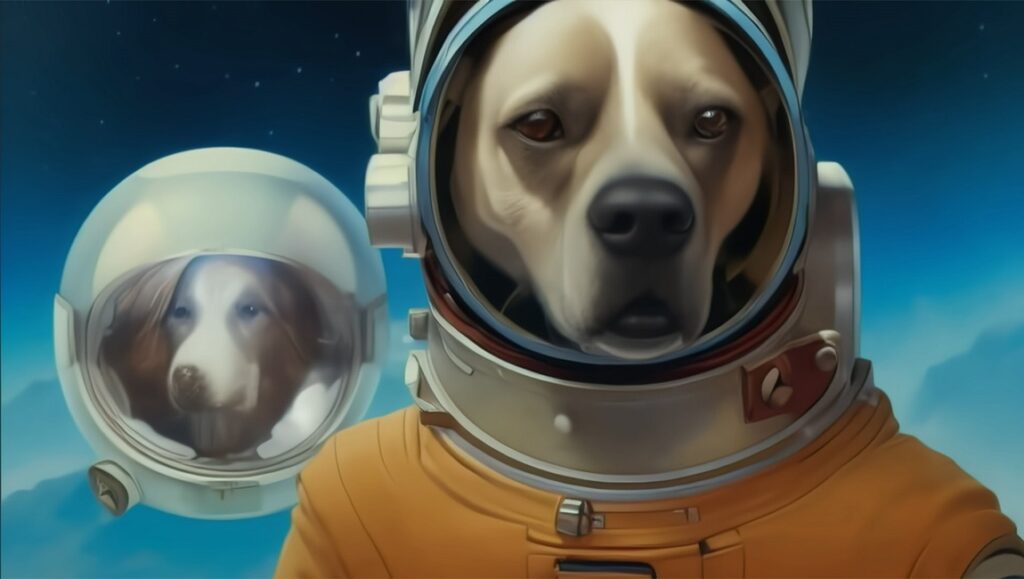 Borrowed Time film still: Dogs in space. One dog wears an orange spacesuit; another is in a pod. Cosmic miniatures.