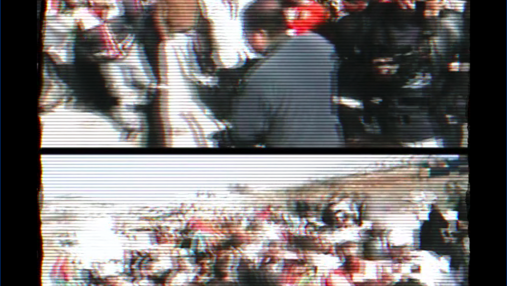 Sobhi Al-Zobaidi documentary still. Distorted, split-screen view of crowds. Red, green, black, and white color scheme.