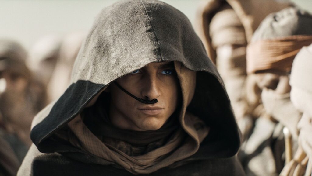 Timothée Chalamet as Paul Atreides in Dune: Part Two. Hooded, blue eyes, Fremen stillsuit.