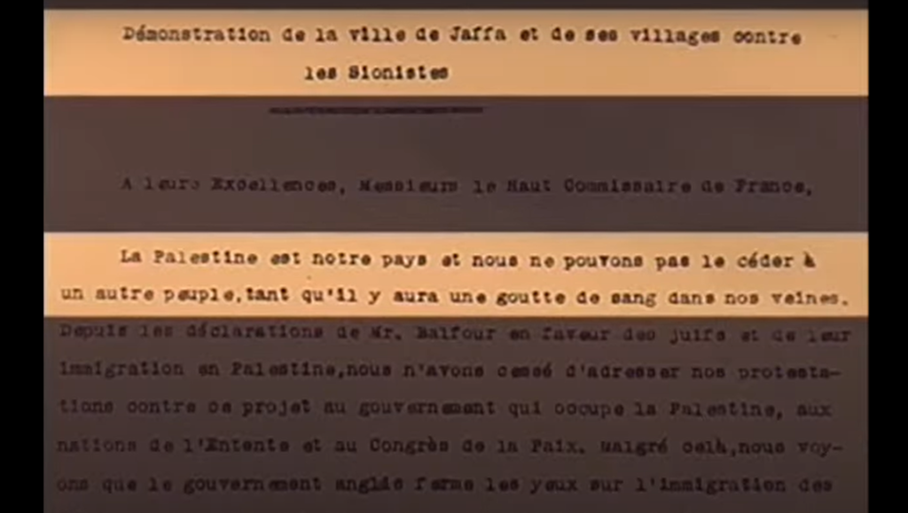 The Land Speaks Arabic document: Jaffa villagers protest Zionists. Palestine is our country. Maryse Gargour film.