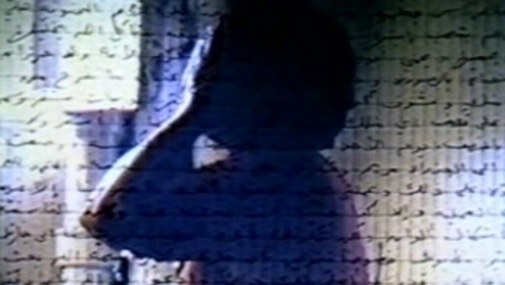 Mona Hatoum's Measures of Distance artwork. Figure overlaid with Arabic script, creating a layered, textured effect.