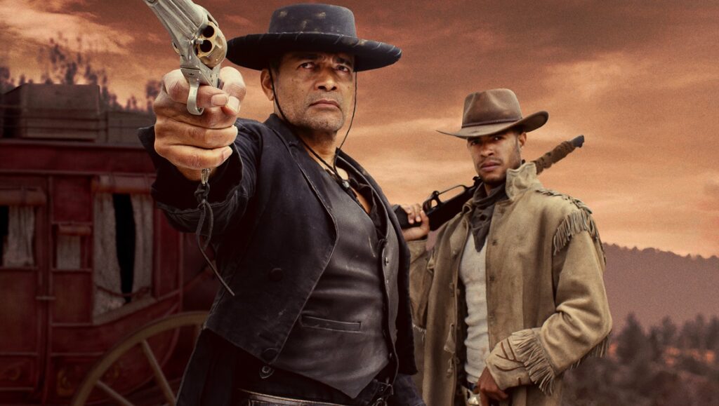 Mario Van Peebles in Outlaw Posse movie. Western film scene with cowboys, guns, and old west setting.