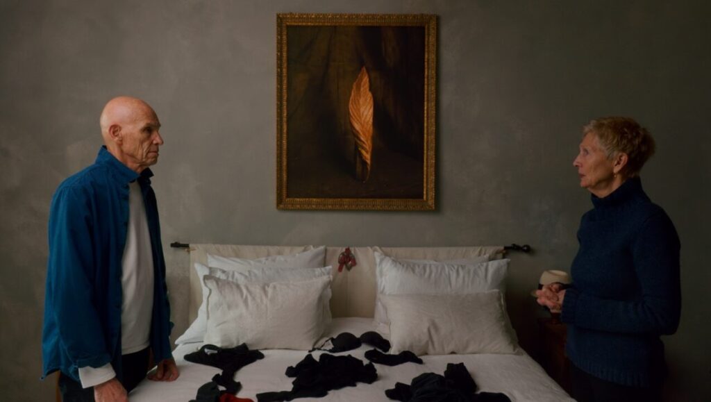 Two Strangers Trying Not to Kill Each Other film still. Man and woman in bedroom, bra on bed. CPH:DOX '24 review.