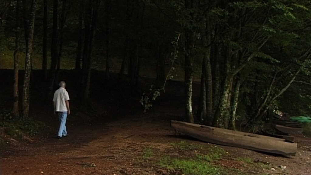 Jin Jiang Republic film review: Man walking in dark woods near a boat.