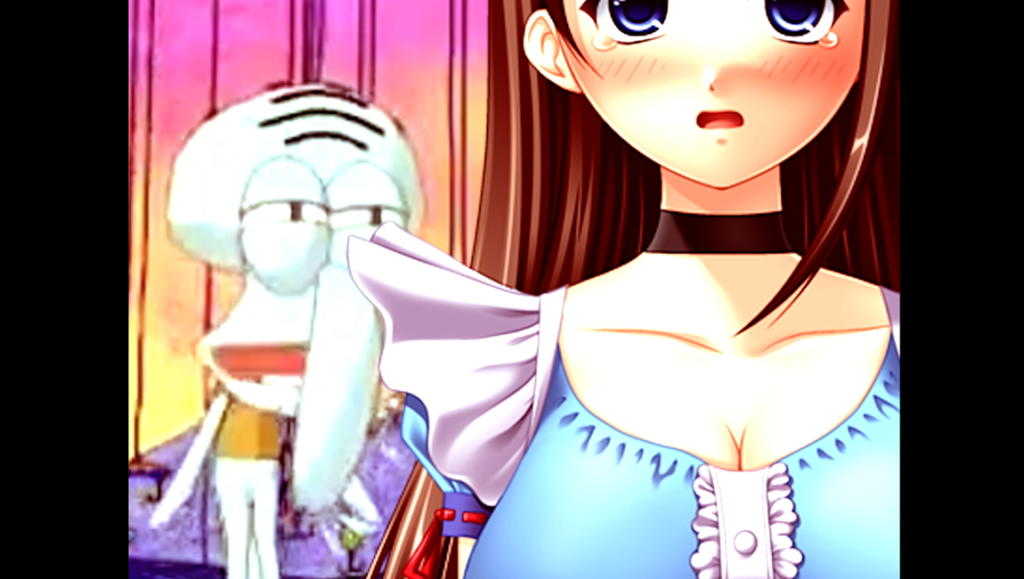Anime girl in blue dress with Squidward Tentacles in the background. Funny meme.