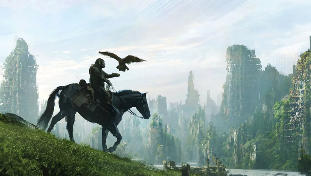 Kingdom of the Planet of the Apes publicity still. Ape riding a horse with a bird, ruins in background.