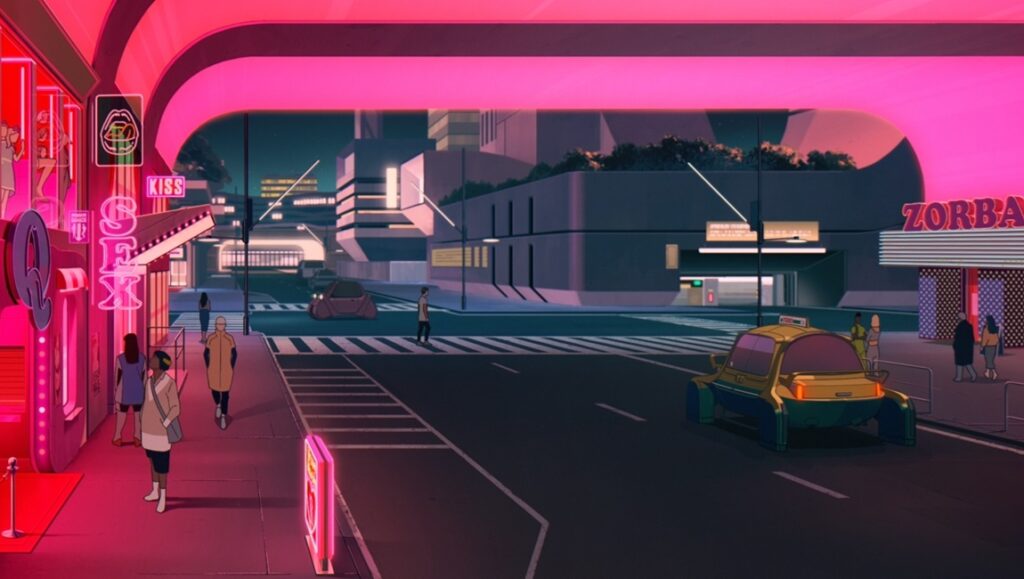 Mars Express animation scene: Futuristic city street with neon signs, pedestrians, and a taxi.