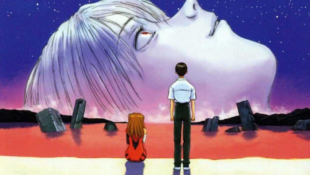 Neon Genesis Evangelion: The End of Evangelion anime scene. Giant head in the sky, characters on red ground.