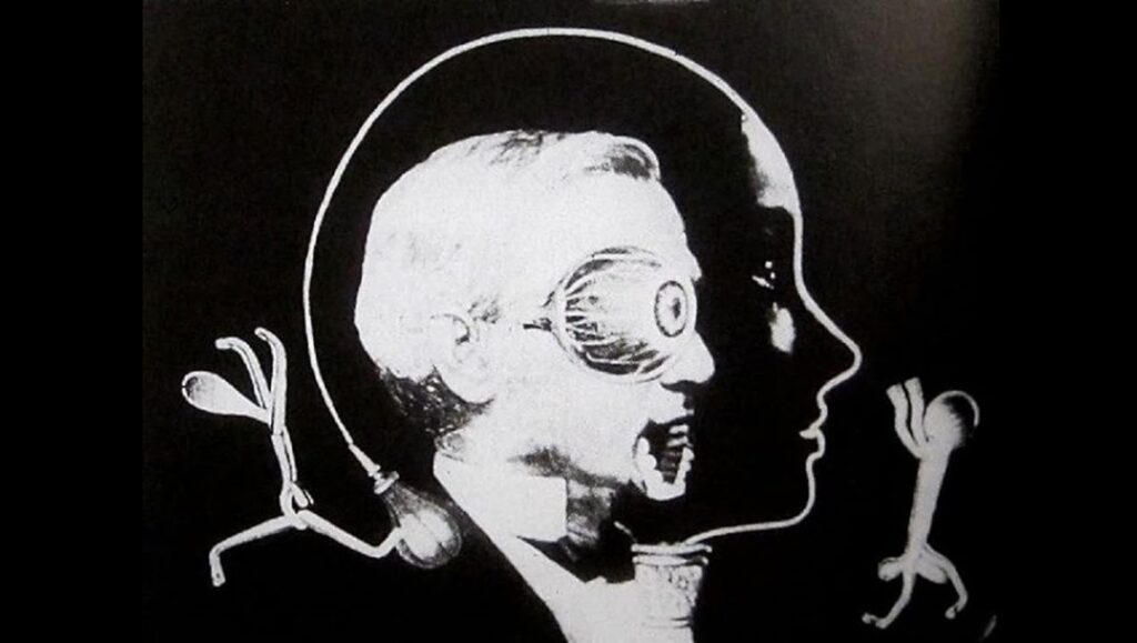 Harry Smith's Heaven and Earth Magic: Surreal monochrome artwork of faces, lightbulbs, and abstract figures.