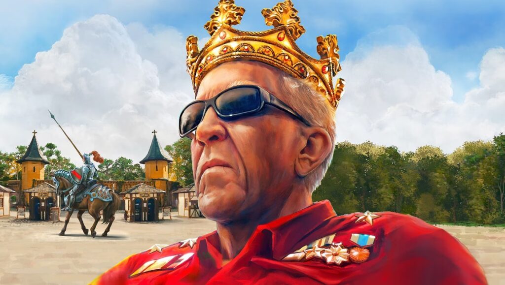 Illustration of a king with sunglasses and a crown at a Ren Faire, with a knight on horseback in the background.