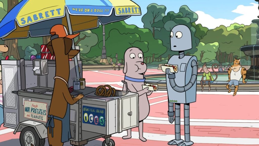 Robot Dreams animation scene: Dog buys hotdogs from a Sabrett stand in the park.