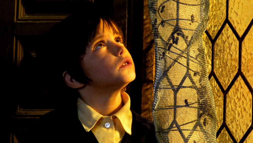The Spirit of the Beehive film still. Child actor looks up at a window with golden light. Victor Erice movie.