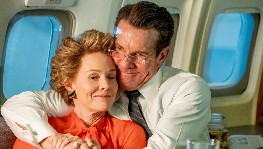 Dennis Quaid as Reagan with wife, Nancy, on a plane in Reagan movie review.