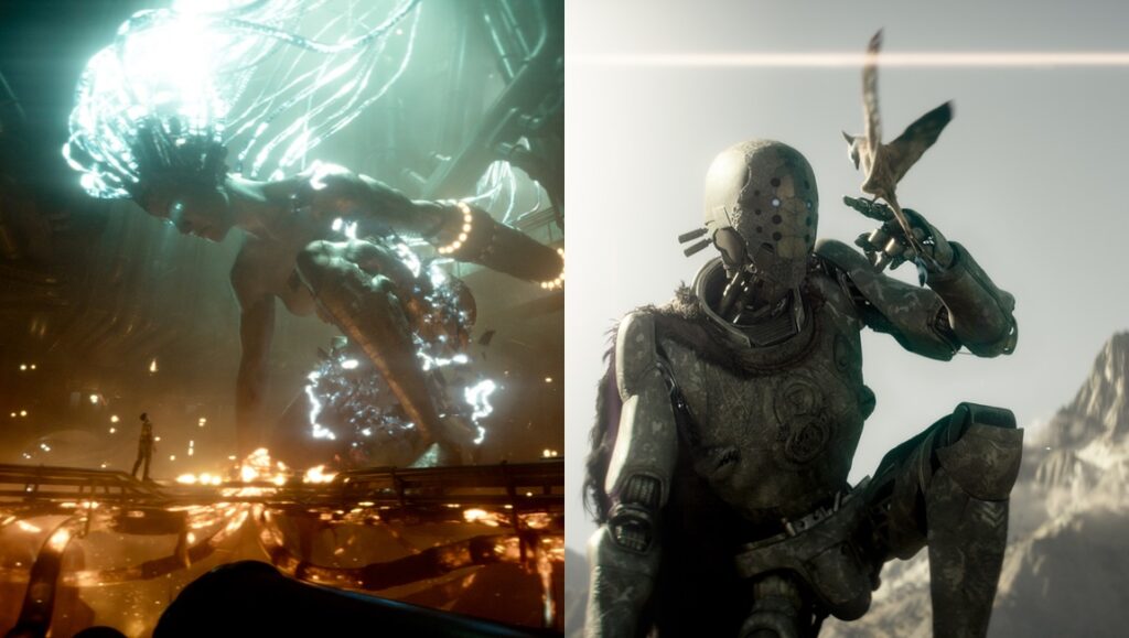 Rebel Moon Director's Cut: Chalice of Blood & Curse of Forgiveness. Split image of a glowing figure and a robot with a bird.