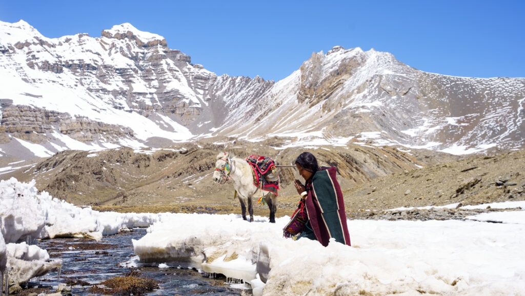 Shambhala film still, Locarno Film Festival: Woman praying with donkey in snowy mountain landscape.