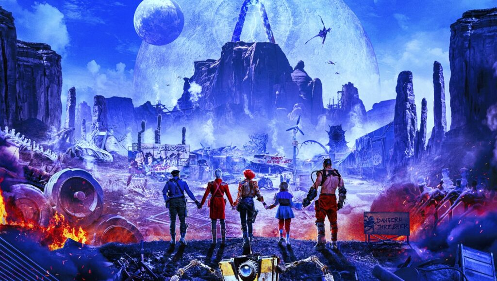 Borderlands movie poster. The team stands before a desolate landscape, a moon, and a mountain with a triangle on top.