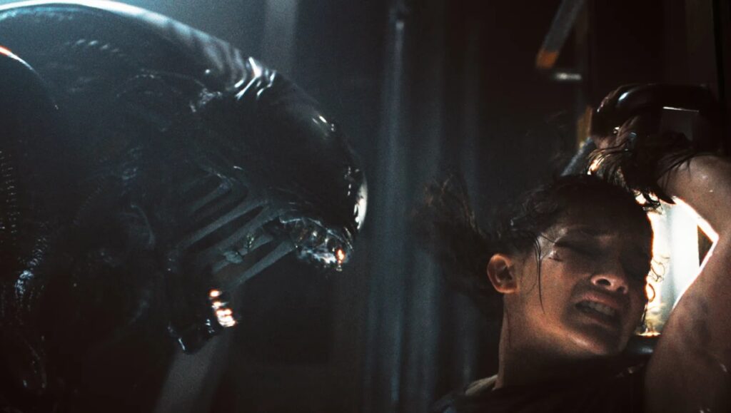Alien: Romulus movie still. Xenomorph stalks a terrified young woman in a dark, claustrophobic setting. Sci-fi horror.