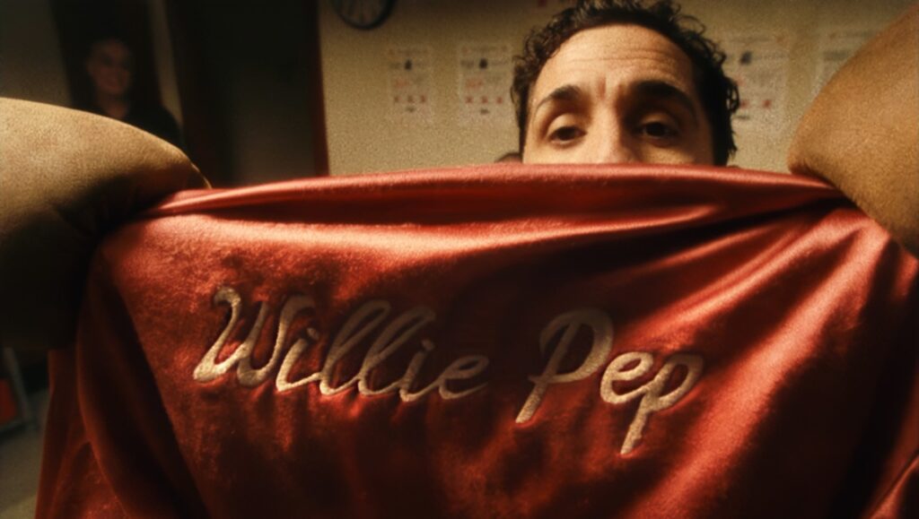James Madio in The Featherweight movie. Red satin jacket with Willie Pep embroidered. Boxing film.