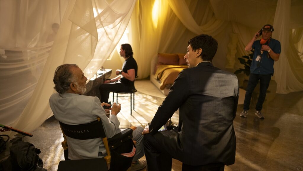 Francis Ford Coppola on the set of Megalopolis with Adam Driver. Behind-the-scenes film production.