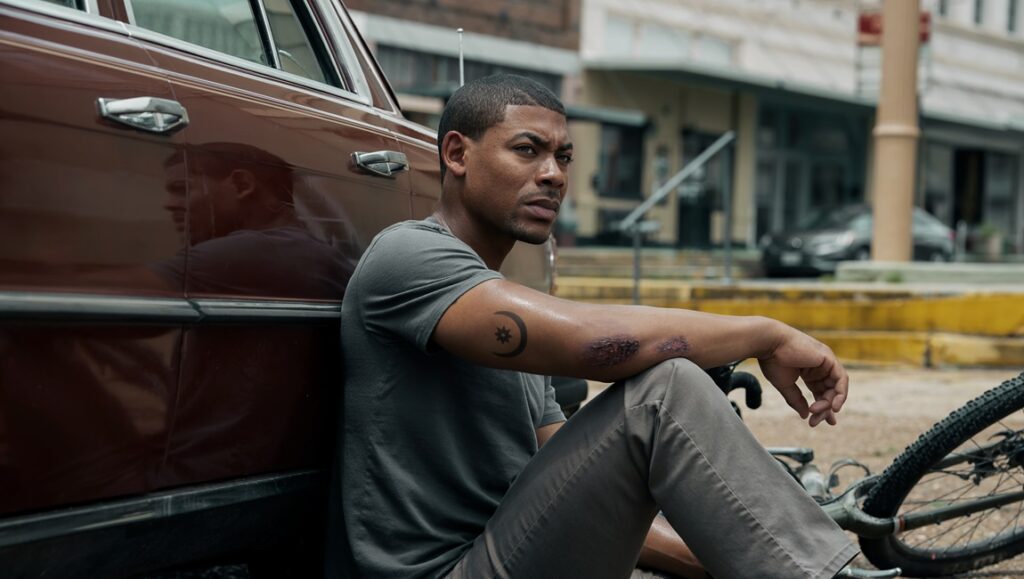 Rebel Ridge movie scene. Aaron, injured, sits by a car with a bicycle. Tattoo on arm.