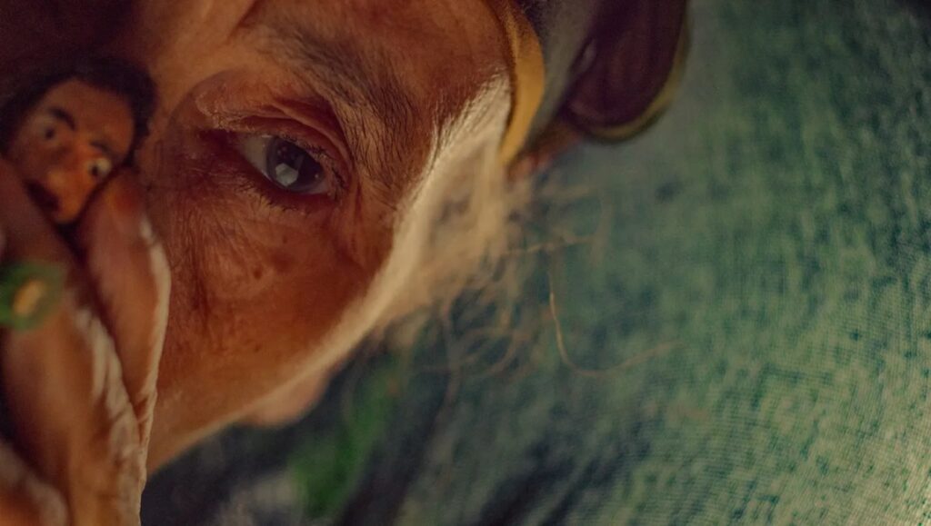 Extreme close-up from The Mother of All Lies film review. Eye and a small figure are visible.