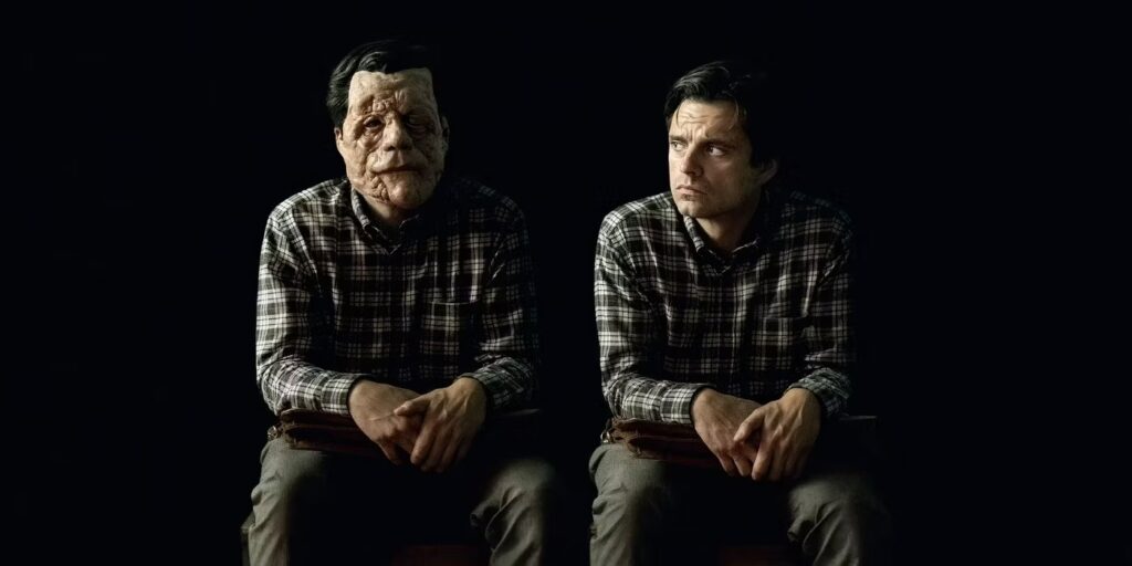 A Different Man (2024) movie poster. Sebastian Stan as Edward, before and after facial reconstruction. Aaron Schimberg film.