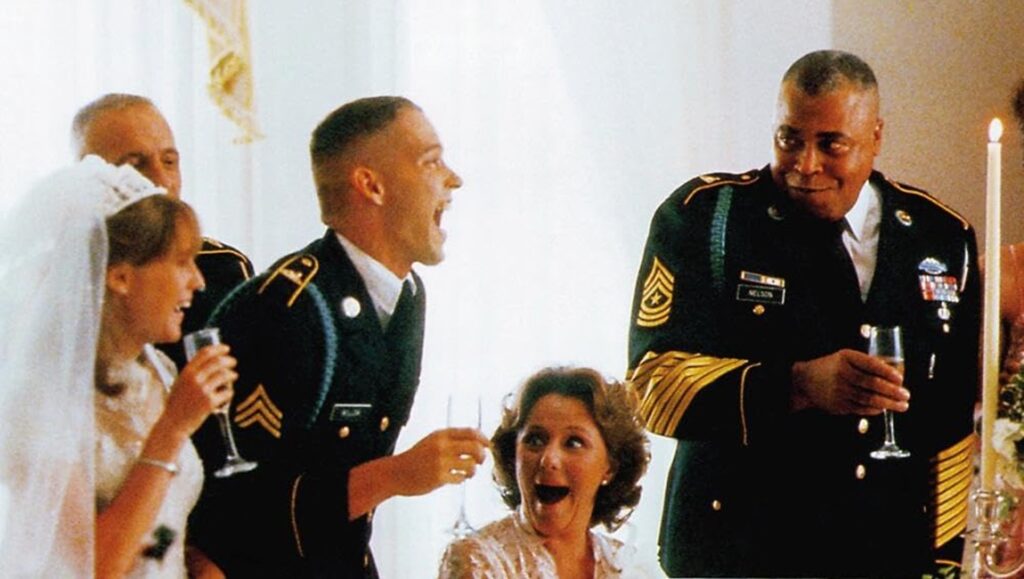 Gardens of Stone film scene. Military wedding with soldiers in uniform. Francis Ford Coppola movie.