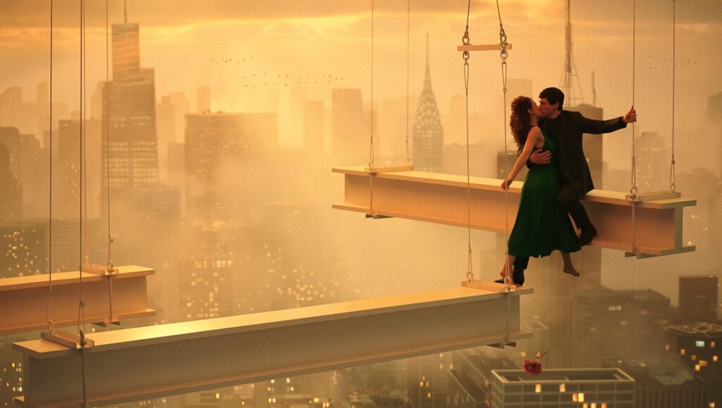 Megalopolis movie scene: A couple kisses on steel beams high above a cityscape. Francis Ford Coppola film.