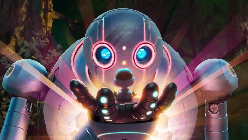 The Wild Robot image: A large, glowing robot cradles a small bird in its hand. Sci-fi animation.