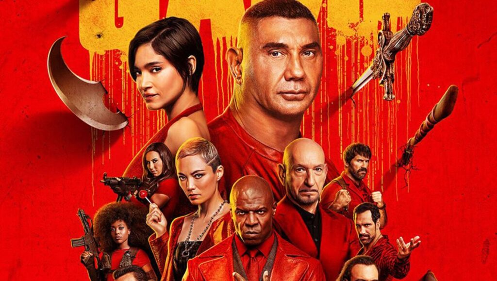 Movie poster for The Killer's Game featuring Dave Bautista and a diverse cast of assassins against a red backdrop.