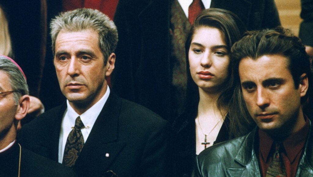 Al Pacino in The Godfather Part III, directed by Francis Ford Coppola. Sofia Coppola and Andy Garcia are also pictured.