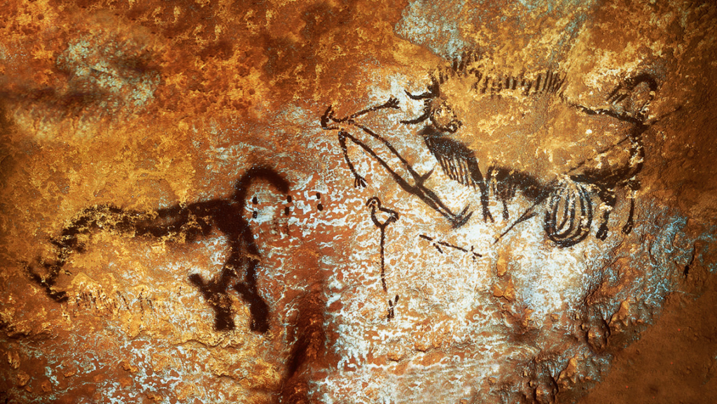 Lascaux cave painting: Bird-headed man with bison. Paleolithic art depicting the Birdman of Lascaux.