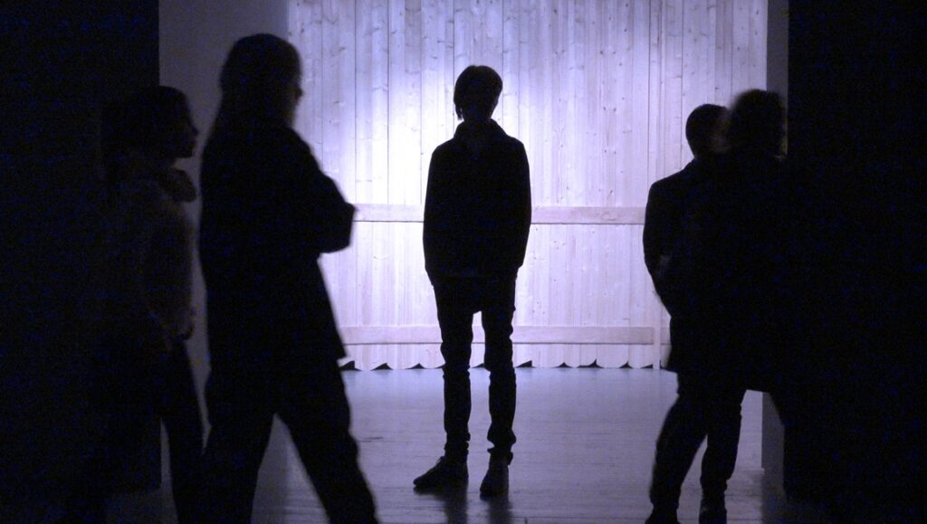 A Traveler's Needs film still. Silhouettes of people stand against a bright, wooden backdrop. Hong Sang-soo movie review.