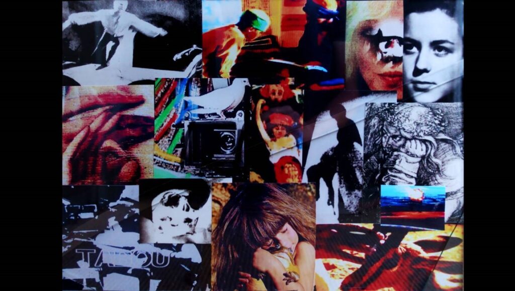 Collage of stills from the film Scenarios NYFF62 film review. Mixed media, portraits, abstract imagery.
