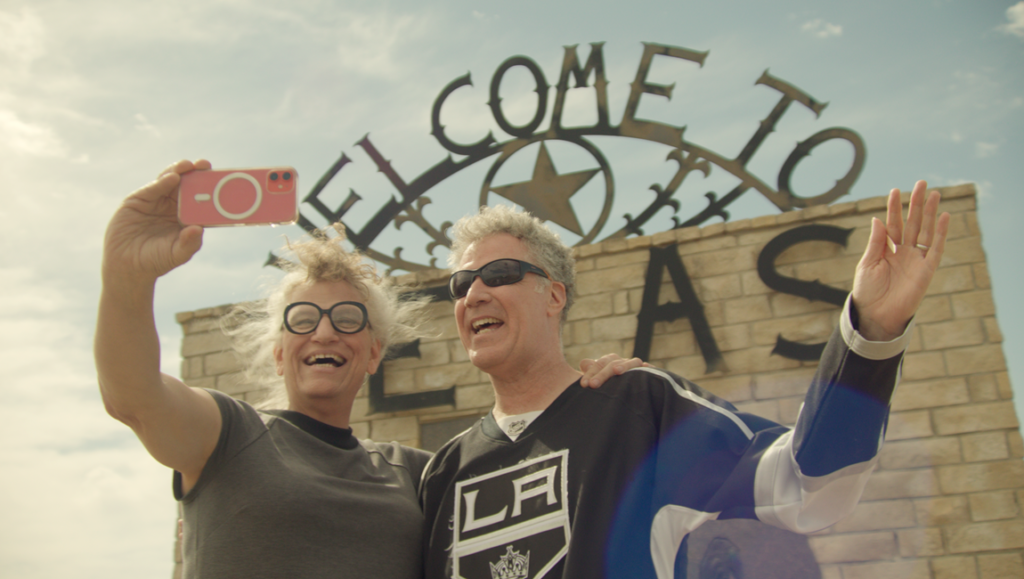 Will Ferrell & Harper at Welcome to Texas sign. Will & Harper review: Josh Greenbaum film. Road trip.