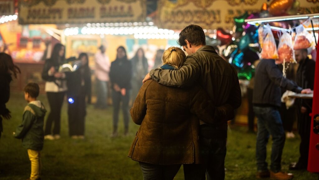 We Live in Time movie scene. Couple embraces at a fair with food stalls and people in the background.