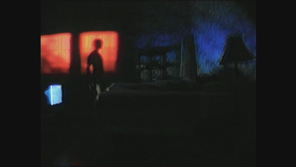 V/H/S/Beyond movie scene. Shadowy figure in a dark room with a red screen. Horror film still.
