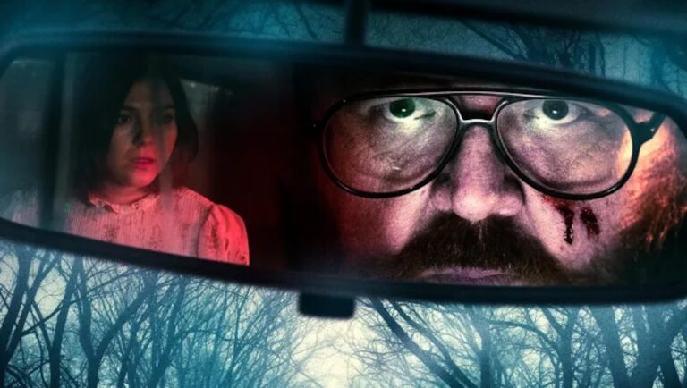 Blackcab horror movie poster. Woman in rear view mirror, creepy man with glasses. Suspenseful thriller.