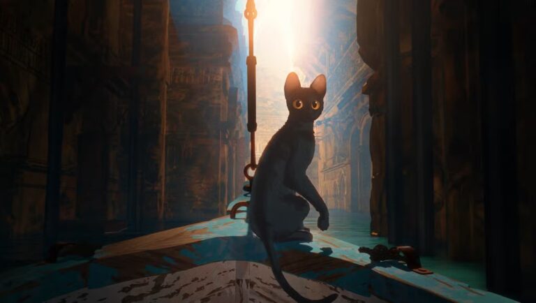 Flow movie scene: A black cat sits in a flooded, ancient city. Gints Zilbalodis film review.